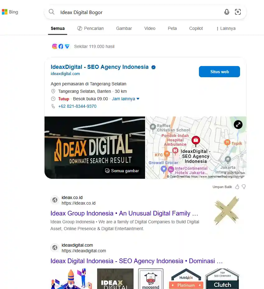 Contoh brand entity recognation bing lokal ideax digital jasa seo agency indonesia