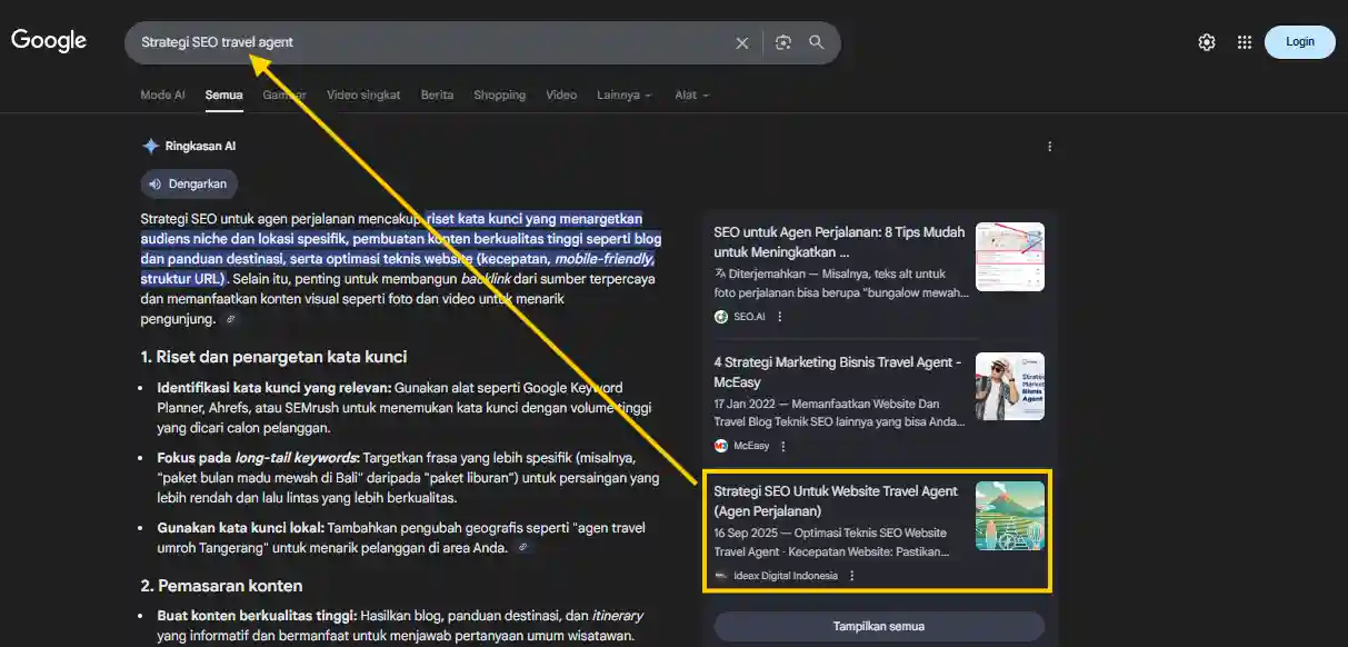 Strategi seo travel agent contoh optimasi aeo ideax digital jasa seo agency indonesia