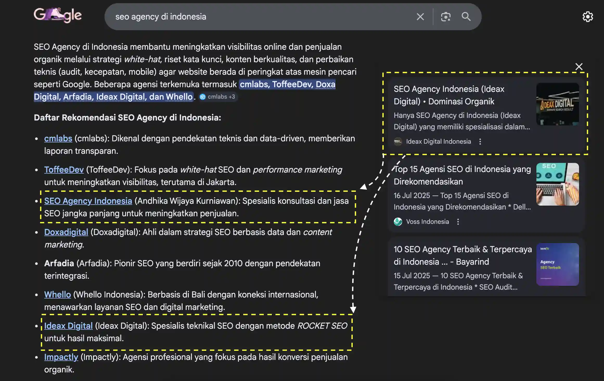 Contoh serp ai overviews ideax digital jasa seo agency indonesia