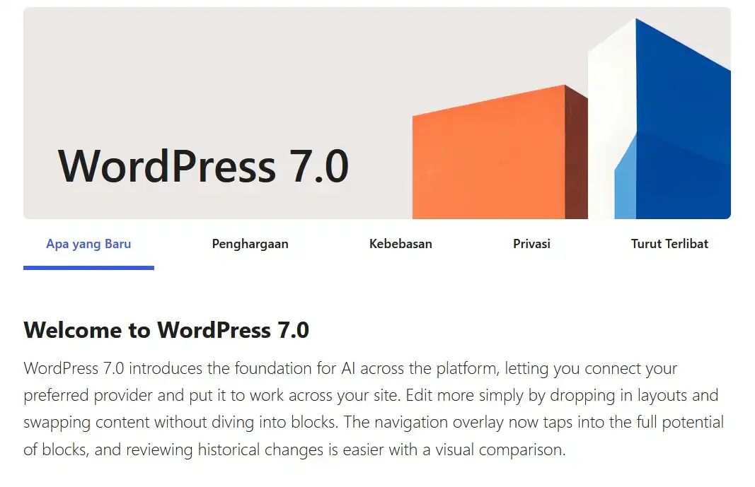 Wordpress 7.0 resmi rilis mei 2026