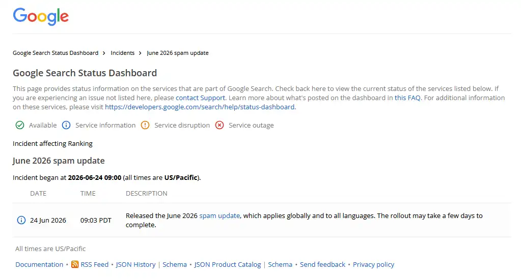 Google status dasboards spam juni