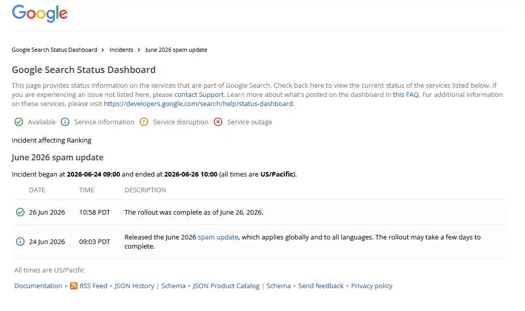 Google status dashboard update spam juni 2026 selesai